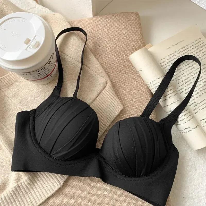 2024 New Pleated Bras Push Up Bra Small Chest No Steel Ring Wirelss Soft Bra Solid Color Sweet Seamless Bra