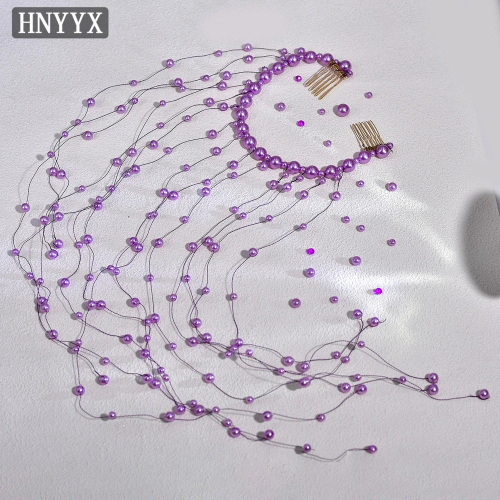 HNYYX Crystal Pearl Beaded Hair Vine Long Purple Head Hoop Headband Accessory Wedding Bride Fashion Tiara Hair Accessories A171