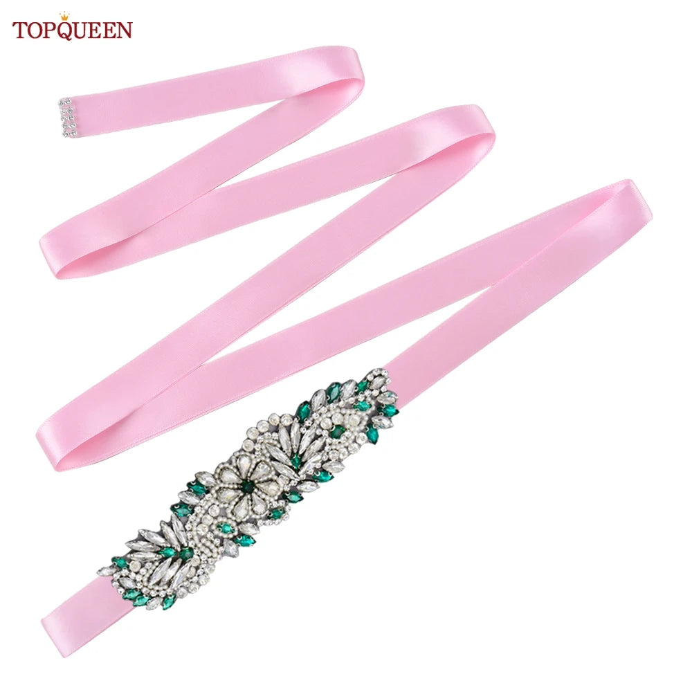 TOPQUEEN S22 Bride Rhinestone Belt Shiny Wedding Accessories Party Woman Emerald Belts Jewelry Wedding Dress Decoration Sash