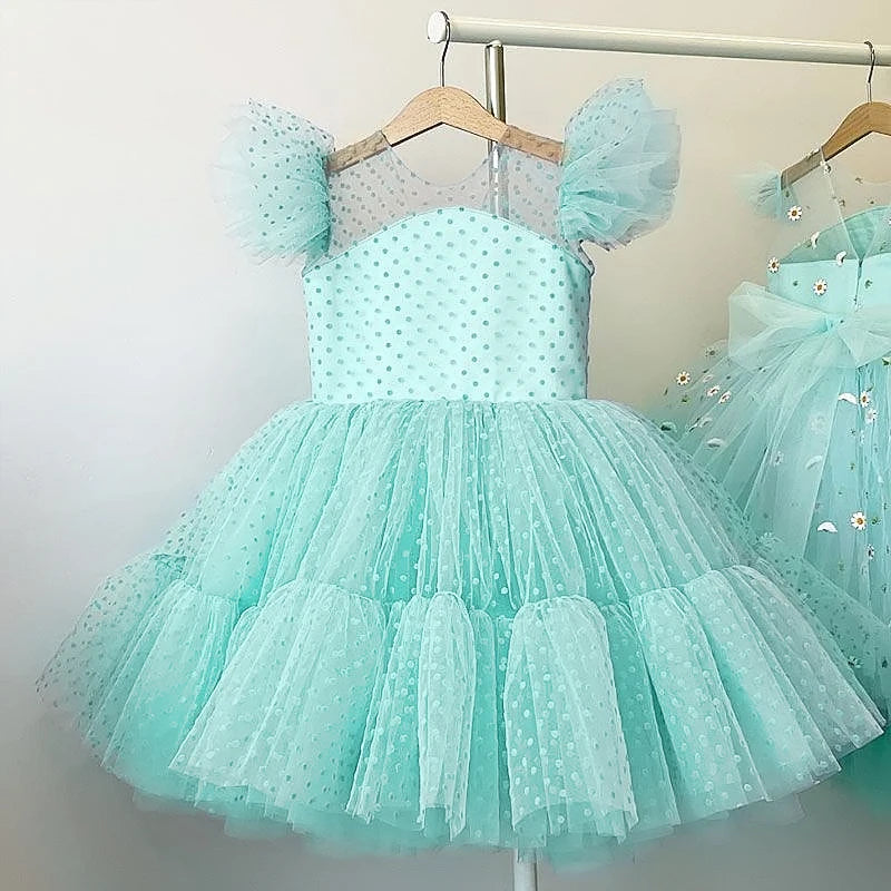 Summer Dress for Kid Girl Polka Dots Pink Mesh Dresses Flower Girls Wedding Tutu Fluffy Vestidos Princess Birthday Party Gown