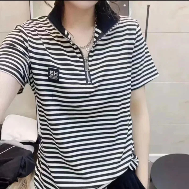 T-shirt Woman Short Sleeve Tee Clothing Green Polo Neck Shirts for Women Tops White Korean Style Polyester Luxury High Quality V clothes