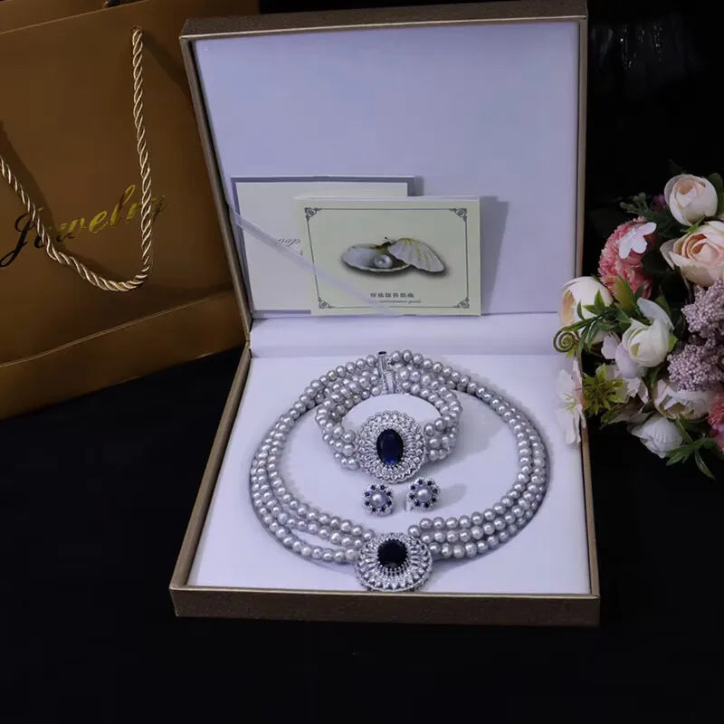Set 3rows Pearl white gray 5-6mm 7-8mm  necklace bracelet earrings Ring party wedding  women's jewelry  blue zirocn pendant