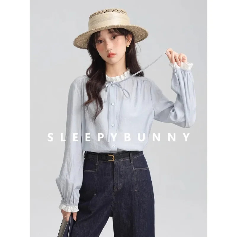 Spring Women Blue Ruffle Trim Long Sleeve Shirt French Vintage Style Loose Fit Blouse Elegant and Chic Top for Petite Frames clothes