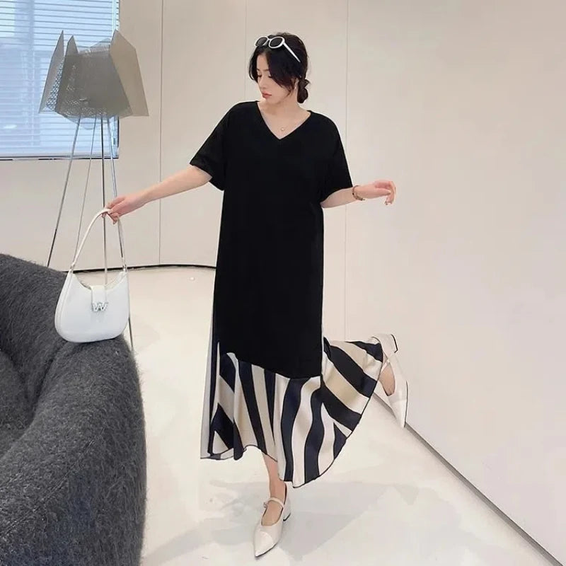 Striped T Shirt Dress New Loose V Neck Contrast Vintage Dress Fashion Elegant Women Clothing