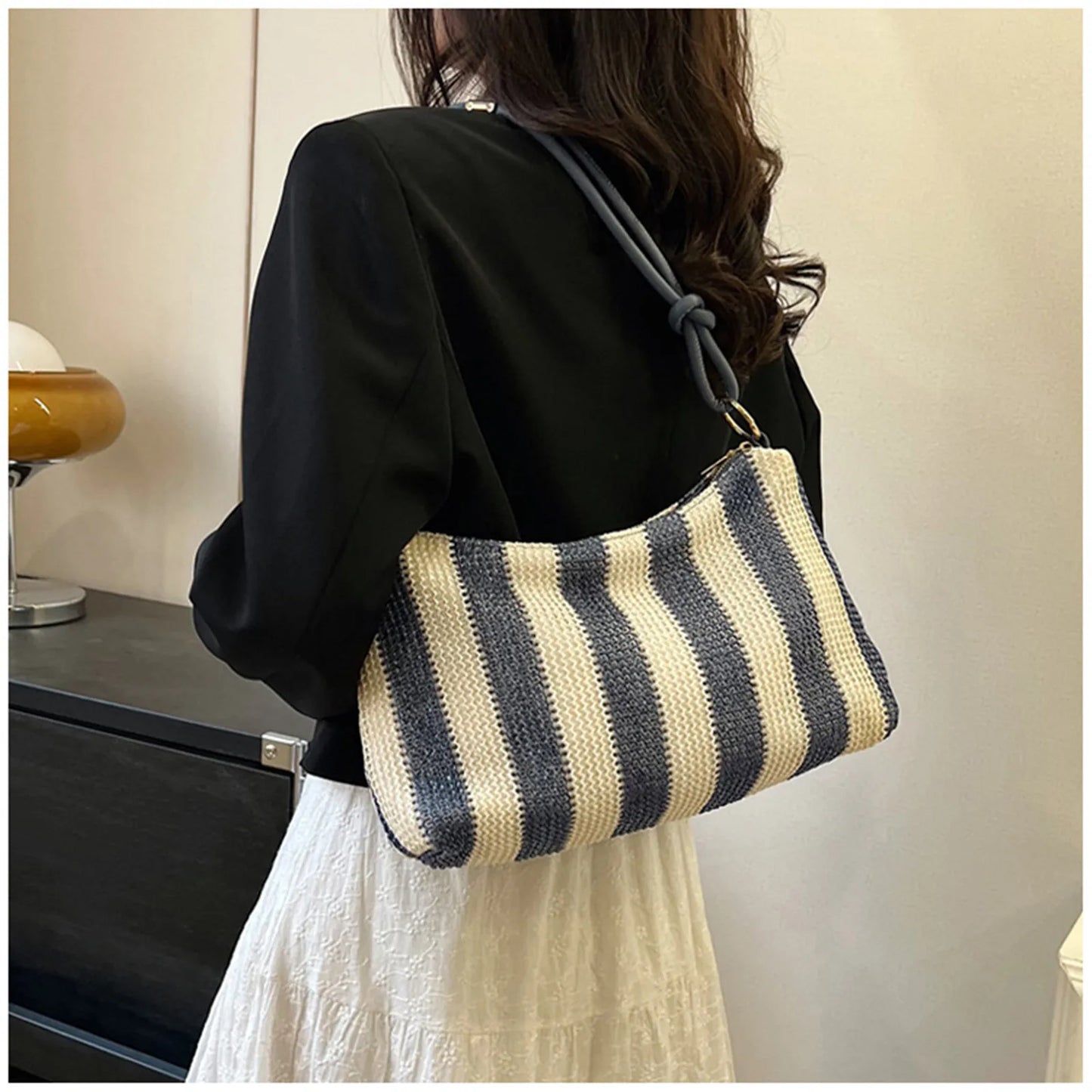 Straw Bags For Women Summer Fashion Striped Shoulder Bag Trendy Straw Purses And Handbags Ladies Beach Holiday Shopping Bags