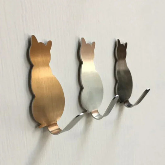 2Pcs Cat-shaped Metal Wall Door Hanger Hook Keys Holder Strong Stainless Steel Adhesive Hook Kitchen Bathroom Home Decor