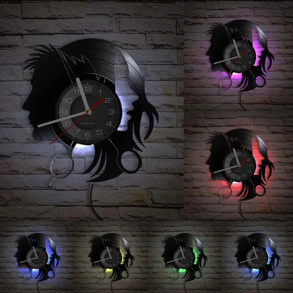 Barber Shop Sign Silent Haircutting Wall Clock Hairdressing Beauty Salon Design Vinyl Record Clock Watch Barber Shop Wall Decor
