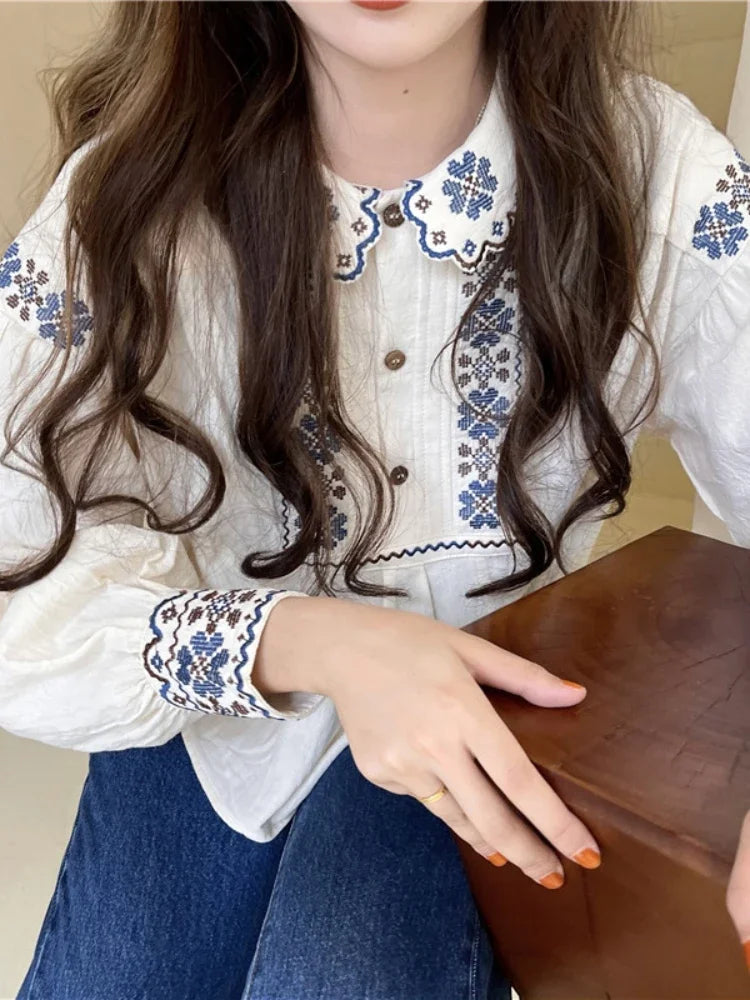 Korobov Vintage Autumn Shirts Embroidery Lapel Long-sleeved Blouses Female Camisas Puffed Sleeve Doll Collar Top Korean Fashion
