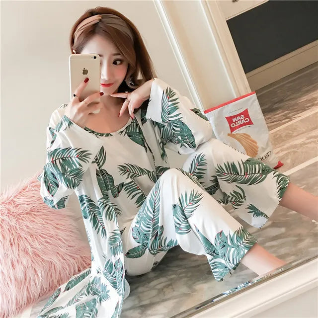 3 Pieces Women Japan Kimono Pajamas Cotton Sleepwear Pijama Soft Home Clothing Floral Printing Sleep Lounge Pyjama Pyjamas Set