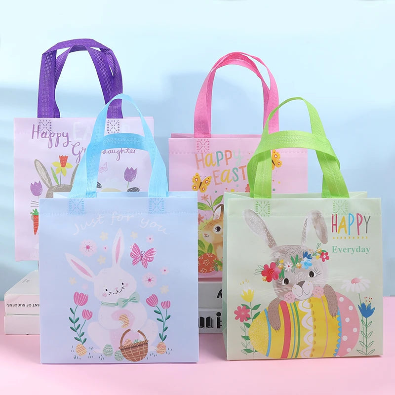 4pcs Easter Waterproof Non-woven Gift Bag Cartoon Egg Bunny Printed Candy Packaging Bag With Handles Happy Easter Party Supplies