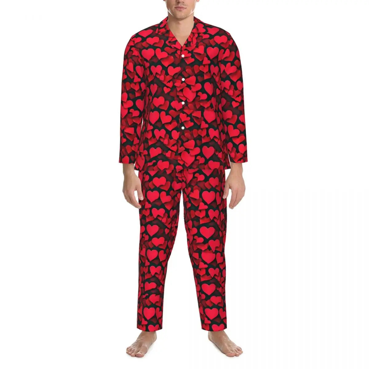 Valentine Hearts Pajama Sets Black and Red Cute Sleepwear Men Long Sleeve Retro Daily Two Piece Nightwear Plus Size