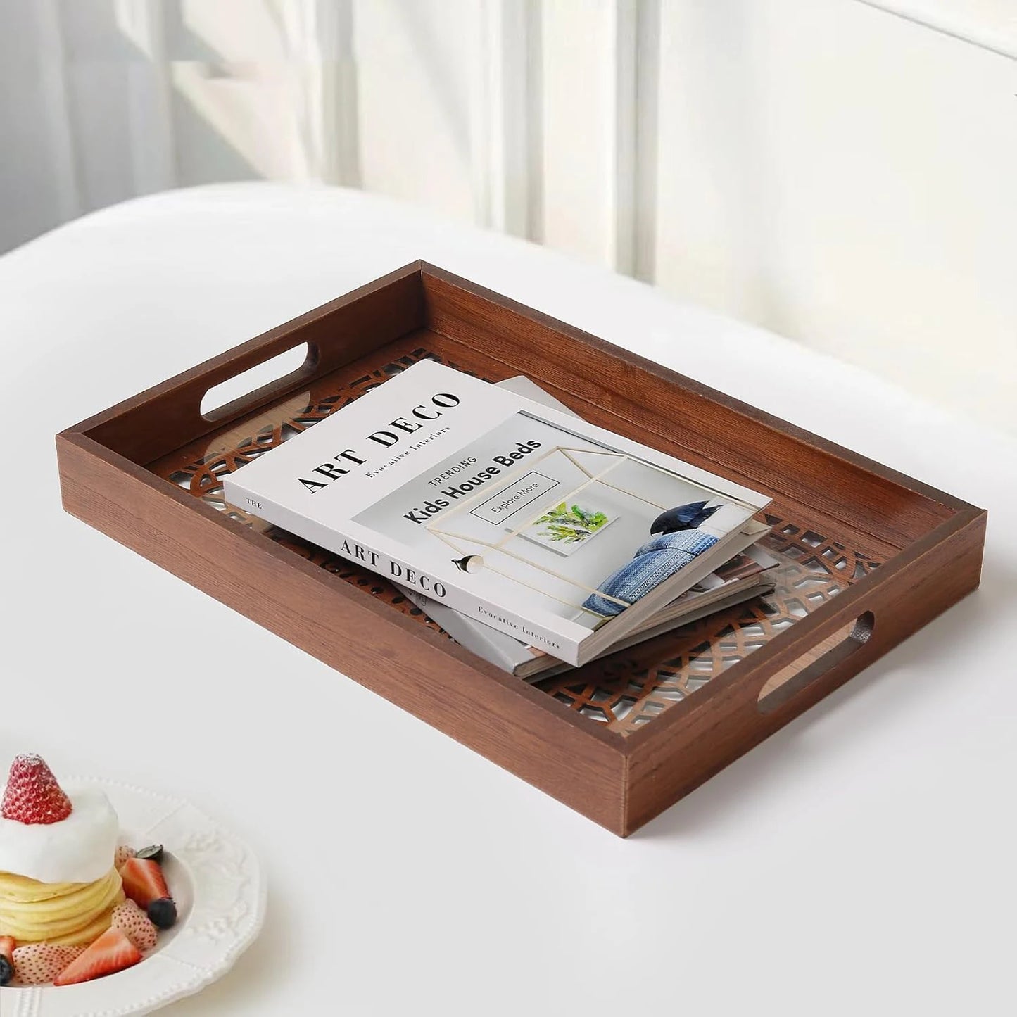 Brown Wooden Rectangle Tray with Handles Boho Decorative Serving Tray for Coffee Table Bedroom Kicthen Home Decor Otttoman Tray