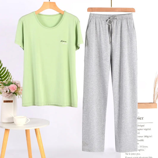 Pajama Women's Short Sleeve Long Pant Suit 2025 New Spring Summer Home Clothes Modal Large Size Pyjamas Femmes Sleepwear Set