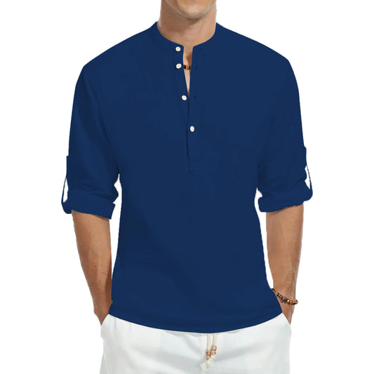 Freizeithemden, lockere Herrenhemden aus Baumwolle, modische Langarm-T-Shirts mit Stehkragen in Volltonfarbe, schöne Slim-Fit-Oberteile 