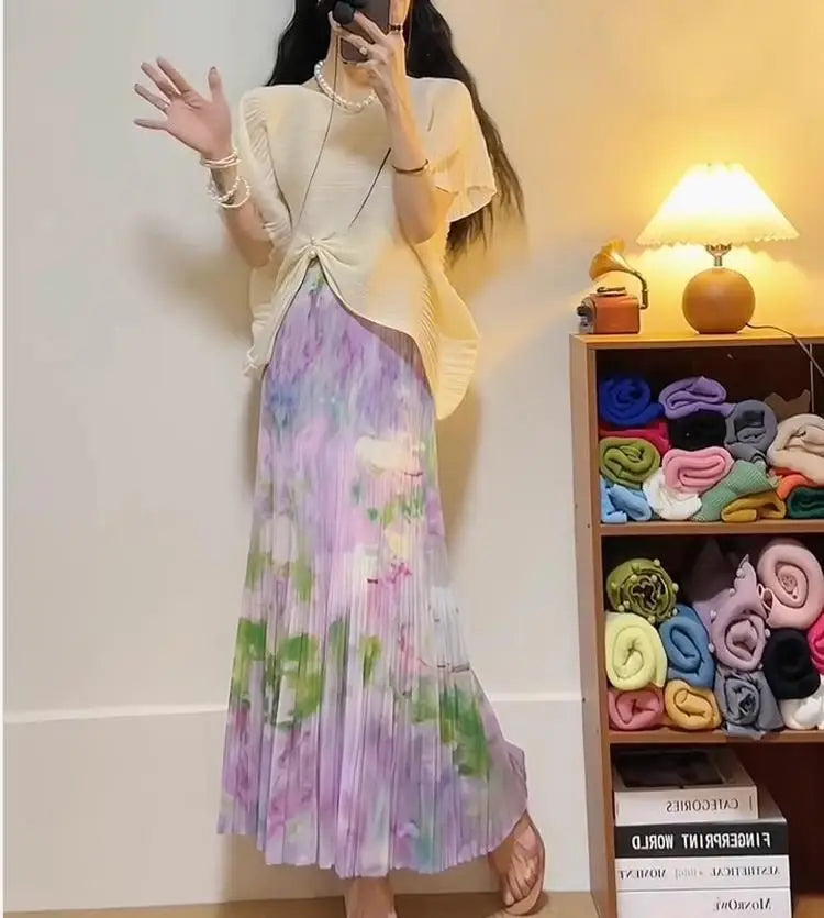 Pink Shirt Half Skirt Set for Women's 2024 Summer New Item, Cool and Zen Style Two-piece Set Miyake Casual Style