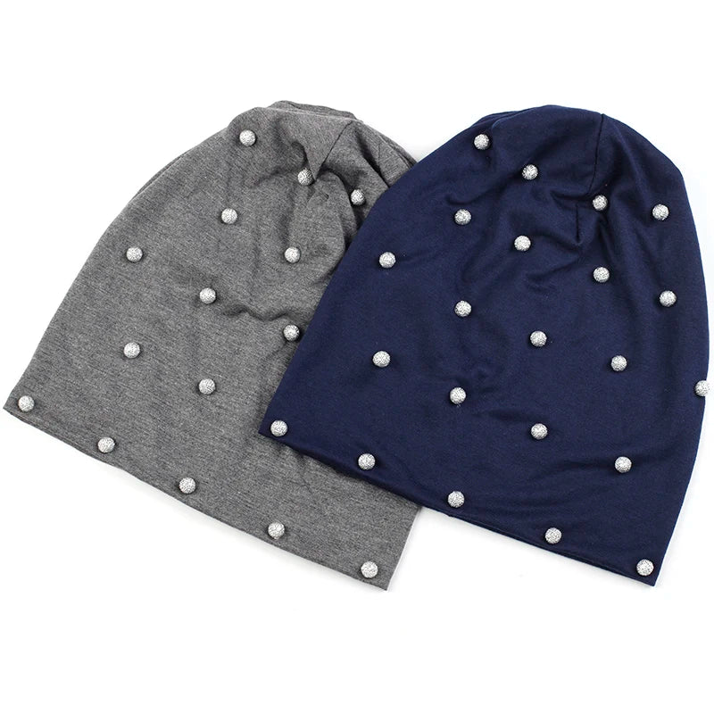 Geebro Women Spring Autumn Warm Soft Beanies Cotton Solid Color Fashion Skullies Hats With Silver Beads Accessories Caps Bonnet
