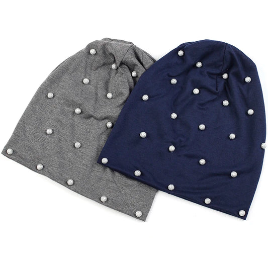 Geebro Women Spring Autumn Warm Soft Beanies Cotton Solid Color Fashion Skullies Hats With Silver Beads Accessories Caps Bonnet