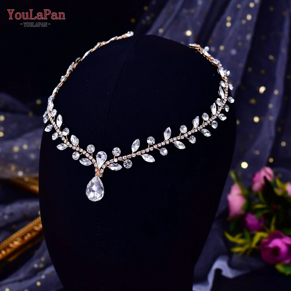 YouLaPan Crystal Flowers Hairpiece Bridal Wedding Hair Accessories Handmade Rhinestone Forehead Tiara Crown for Bride HP618