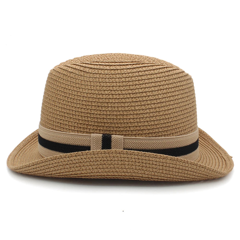 Men Women Summer Solid Straw Homburg Hats Classical Retro Fedora Caps Trilby Sunhat Party Beach Travel Outdoor Adjustable Size