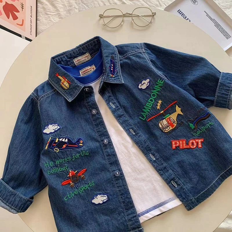 New Kids baby denim shirt cartoon letters embroidery long sleeve Tops Boys loose casual shirt Coat kids
