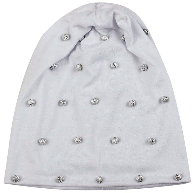 Geebro Women Spring Autumn Warm Soft Beanies Cotton Solid Color Fashion Skullies Hats With Silver Beads Accessories Caps Bonnet