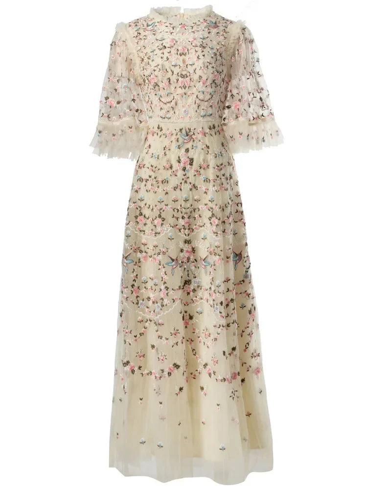 4xl 3xl 2xl Long Evening Dress Women Allover Luxurious Embroidery Flare Sleeve Long Black Grey Apricot Maxi Dress