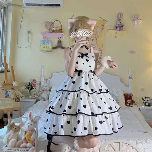 2024 Plus Size 3XL 150kg Summer Lolita Dress Women Sleeveless Hearted Print Ladies Party Sweet Female Clothing Vestidos