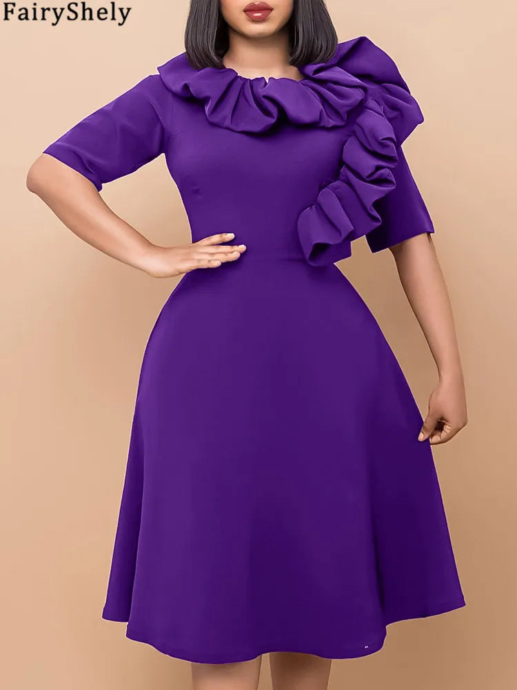 FairyShely 2024 Solid Ruffle Plus Size Long Dress Women Short Sleeve Large Big Dresses Summer Lady Party Tight Curvy Dress