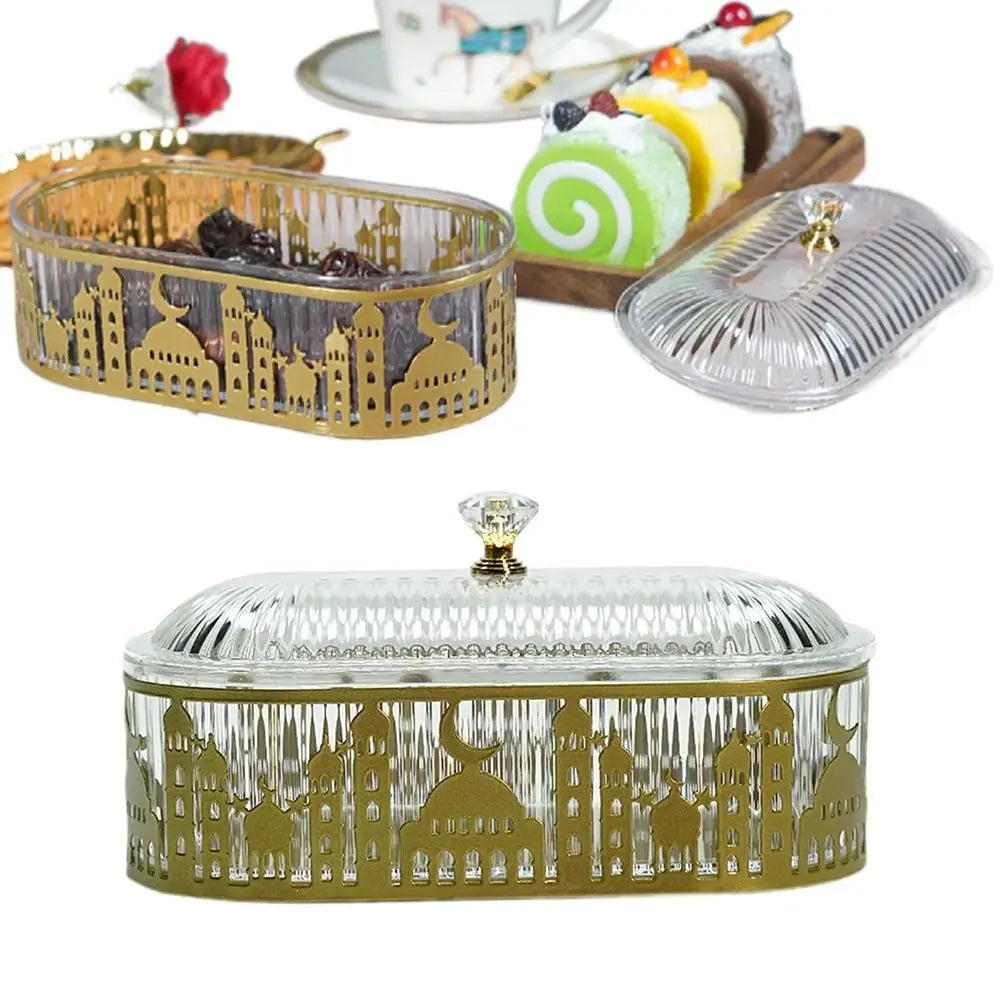 Dust-proof Dining Table Tray Eid Mubarak Decorative Ramadan Dessert Storage Box Portable Embossed Shape Candy Dish with Lid