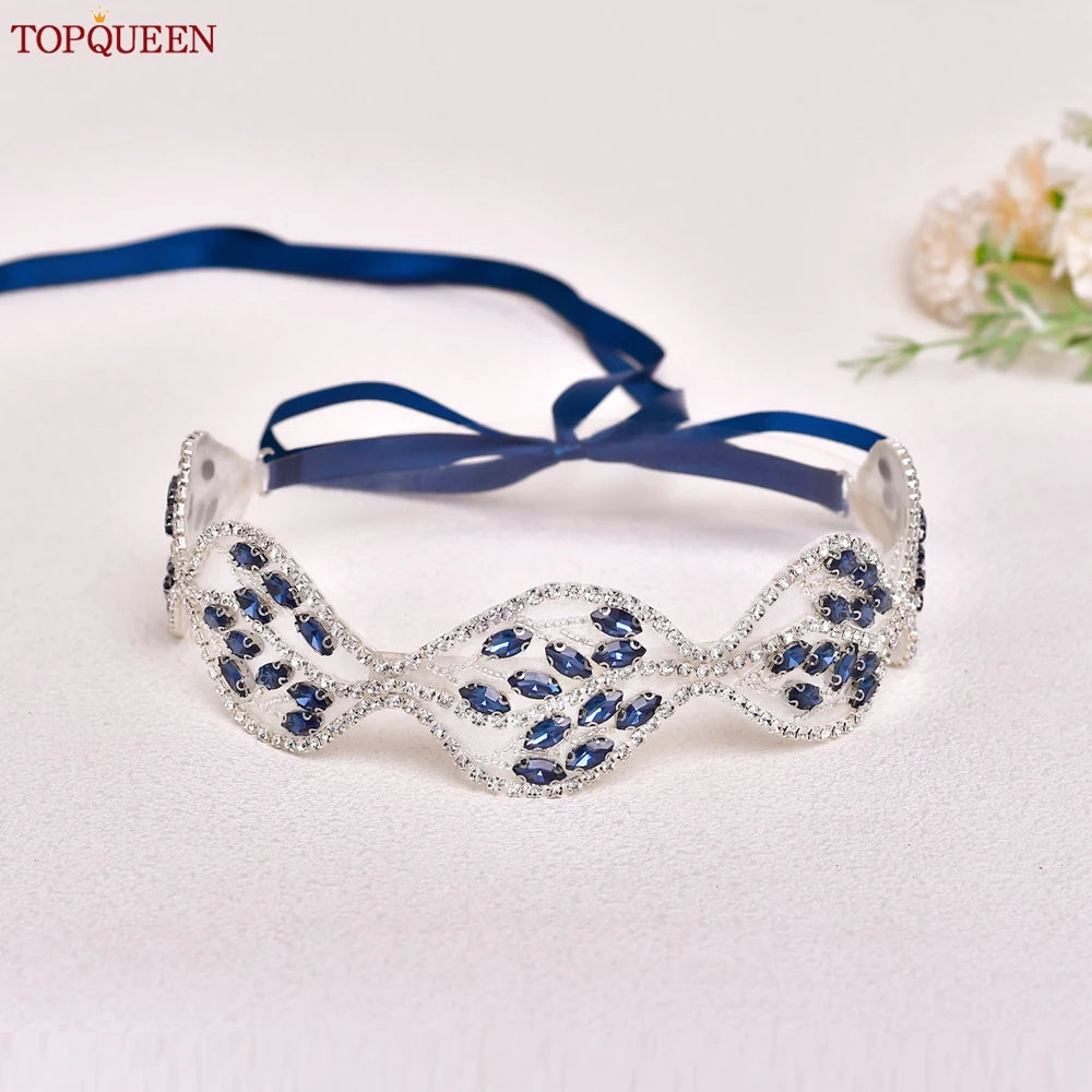 TOPQUEEN Fashion Navy Blue Rhinestone Belt Leaf Shape Wedding Bridal Belt Bridesmaid Dresses Waist Decoration