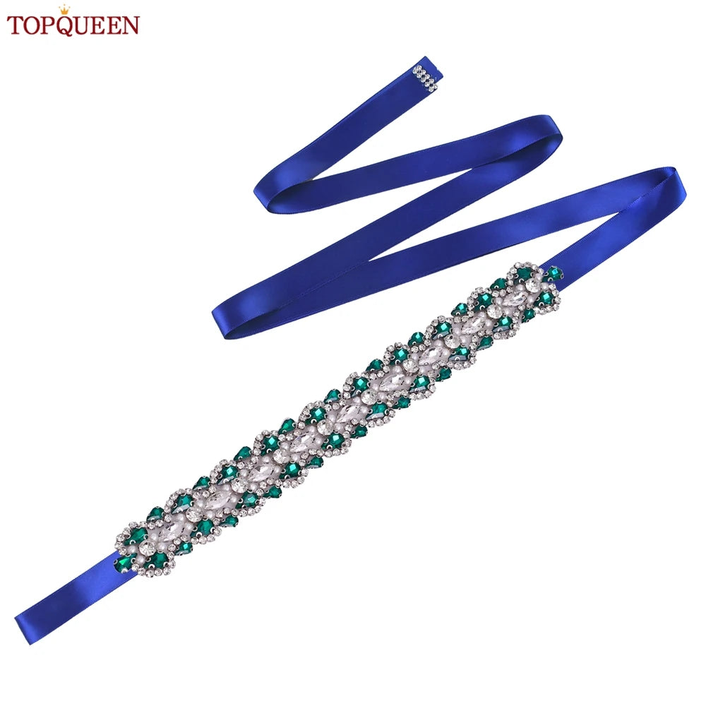TOPQUEEN Luxury New Bridal Belt Wedding Supplies Dinner Dress Waist Decoration Green Bridesmaid Sash Accessories S466-D