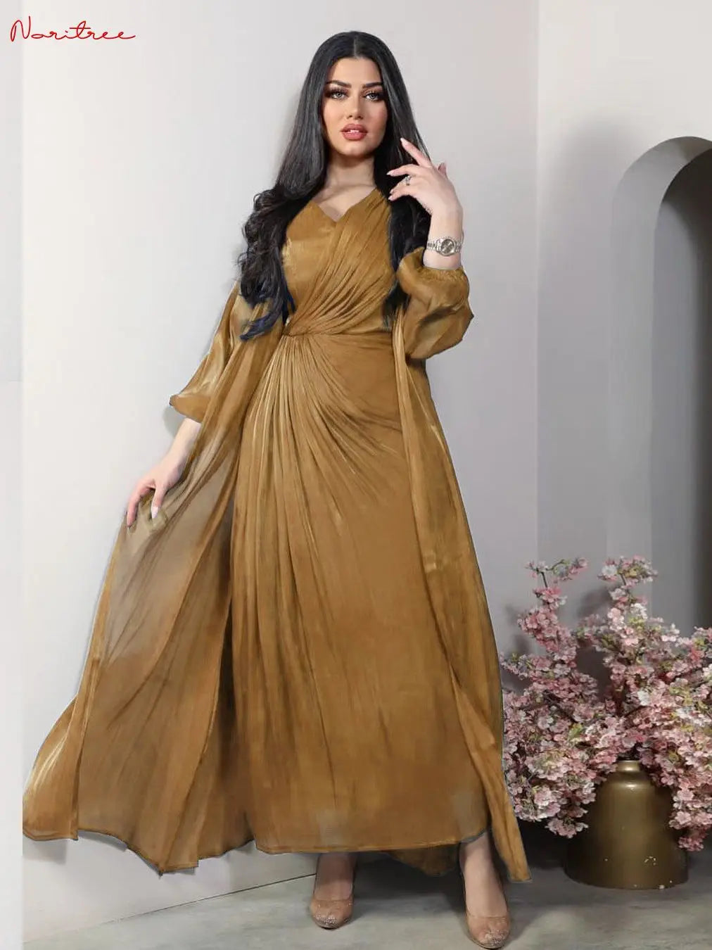 2 Pieces Shiny Djellaba Muslim Dress Sets Muslim Suits Elegant Long Islamic Women Modest Wear Clothing Sunscreen Sets WY1502