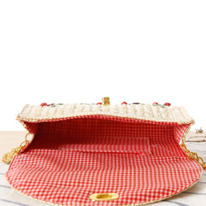 Fruit Pattern Clutch Bags for Women Rattan Weaving Beach Bag Small Women's Purse Handbags Bohemian Female Shoulder Bags