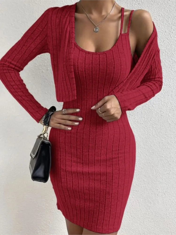 Fashion Women Slim Mini Dress 2 Piece Sets Autumn Ribbed Double Strap Bodycon Sleeveless Vest Dress + Long Sleeve Cardigan Set