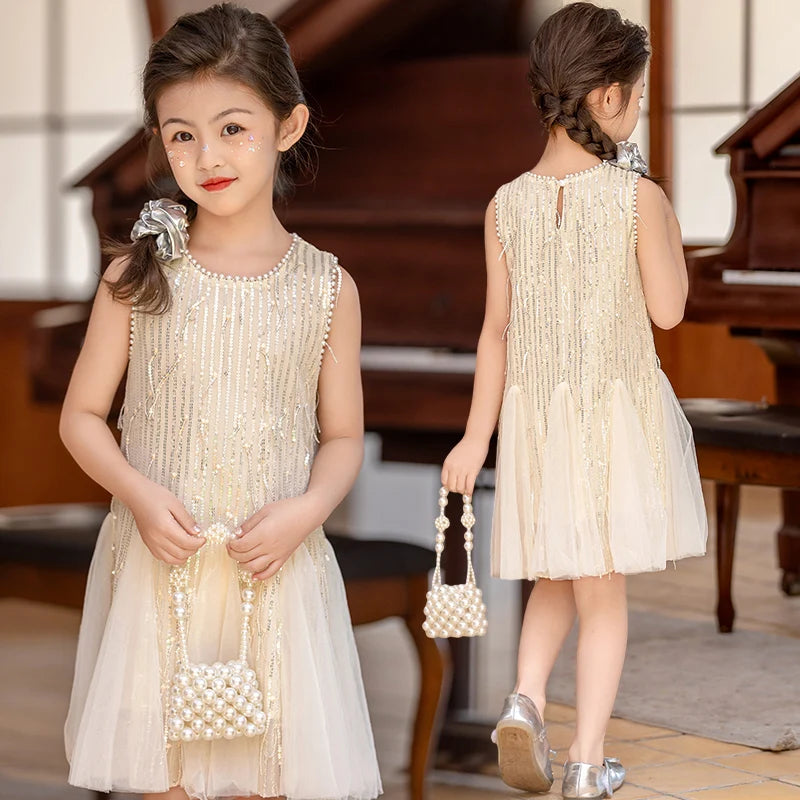 Beige girls dress Pearl tassel sequin vest