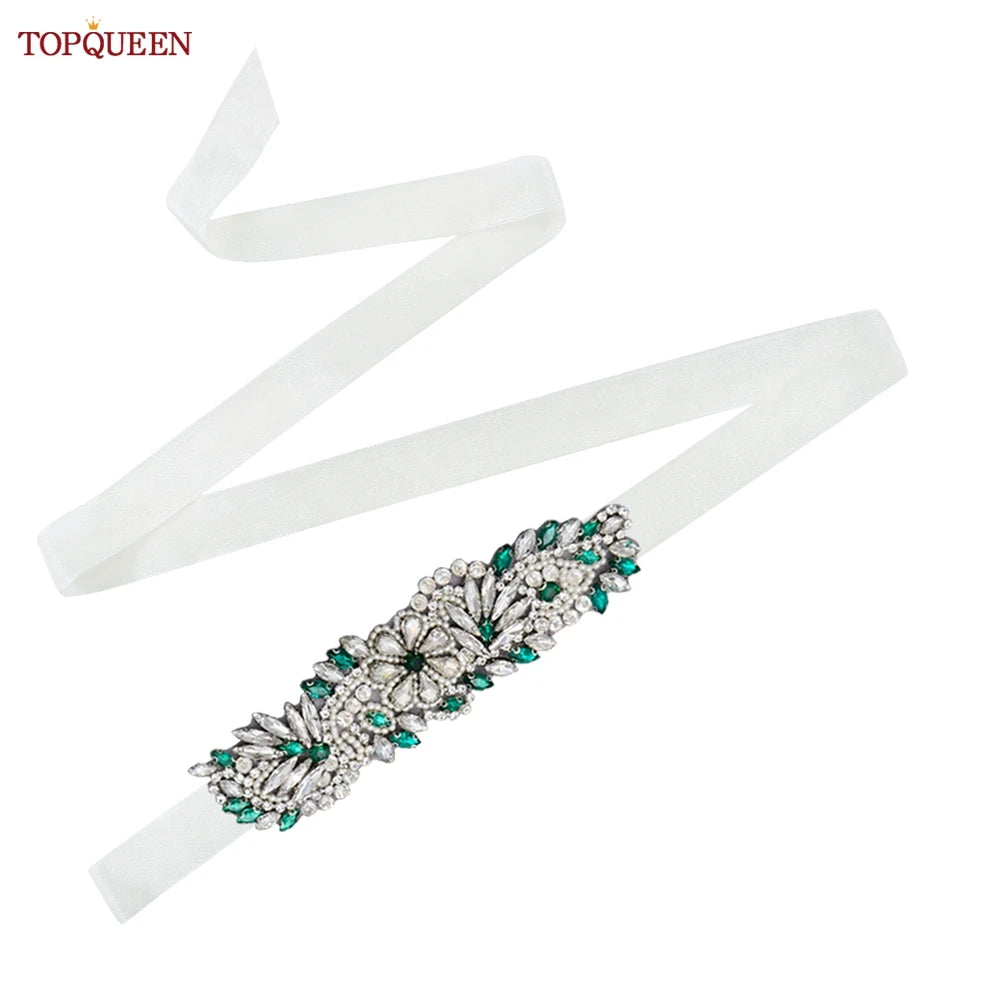 TOPQUEEN S22 Bride Rhinestone Belt Shiny Wedding Accessories Party Woman Emerald Belts Jewelry Wedding Dress Decoration Sash