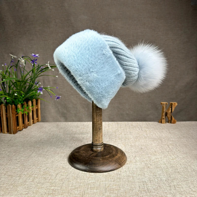 2024 new women's thickened Korean version fox fur ball knitted hat women's autumn and winter rabbit fur plush woolen hat trend