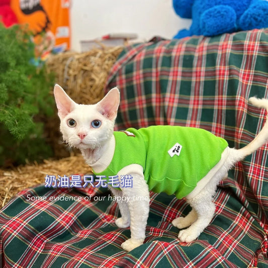 Green Cotton Shirt for Sphynx Cat Soft Sleeveless Jumpsuit for Kittens Summer Vest For Devon Rex Spring Coat for Hairless cat