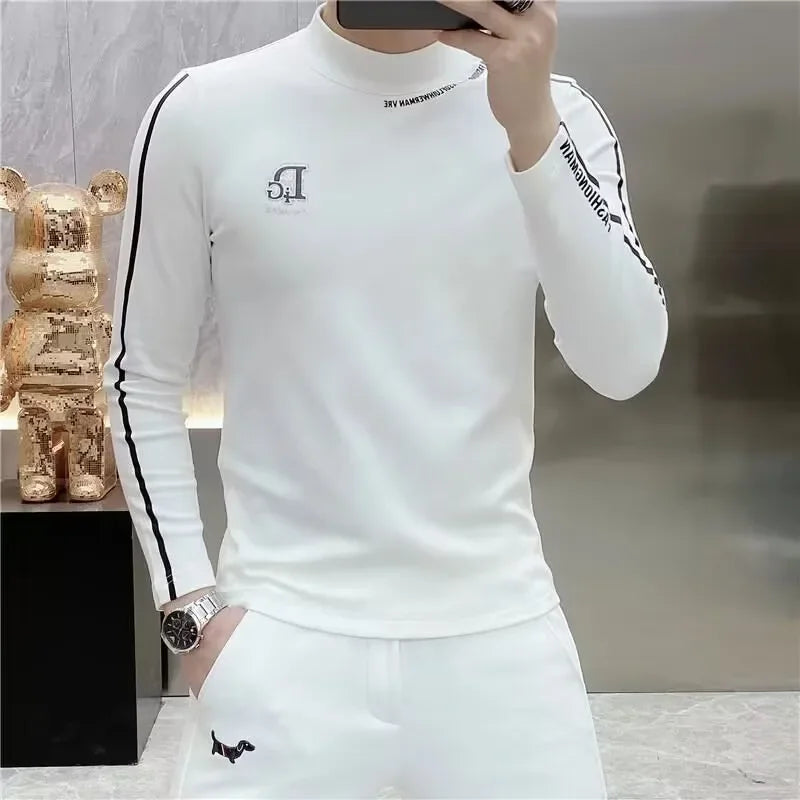 Luxury Embroidery Half High Collar Bottoming Shirt for Men Slim Fit Casual Long Sleeved T-shirts Social Sweatshirt Pullover