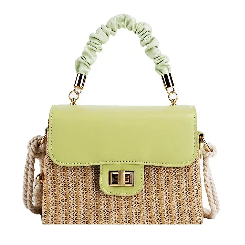 Straw Beach Bag for Women 2021 Summer Pleated Handle Luxury Designer  Contrast Color Crossbody Purse and Handbag Lady Bolsos