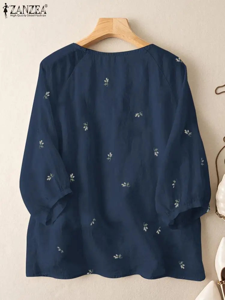Vintage Floral Embroidery Tops ZANZEA Spring Women Holiday Blouse Party Work Cotton Blusas Autumn Casual 3/4 Sleeve Loose Shirt