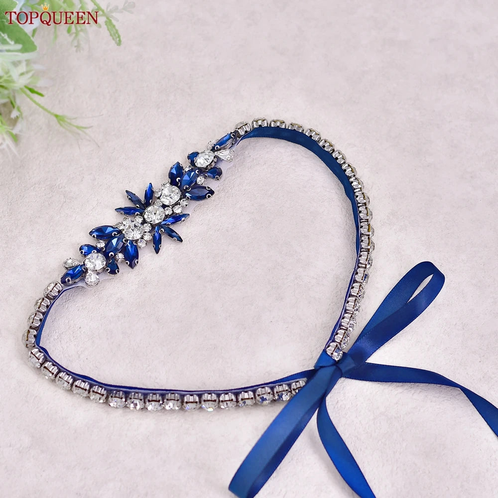 TOPQUEEN Blue Diamond Bridal Ribbon Belt Banquet Evening Dress Jewelry Sash Wedding Accessories Women Waist Decoration S166-ML