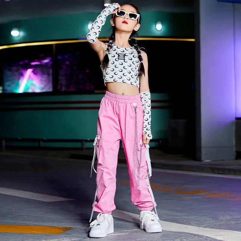 Pink Hip-Hop Street Dance Clothe Rave Clothing Summer Girl Sets K-pop Outfit Crop Tops Cargo Pants Performance Costume 120-170CM
