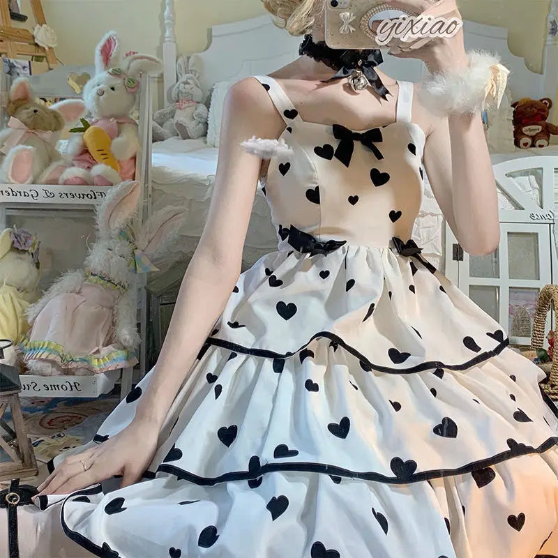 2024 Plus Size 3XL 150kg Summer Lolita Dress Women Sleeveless Hearted Print Ladies Party Sweet Female Clothing Vestidos