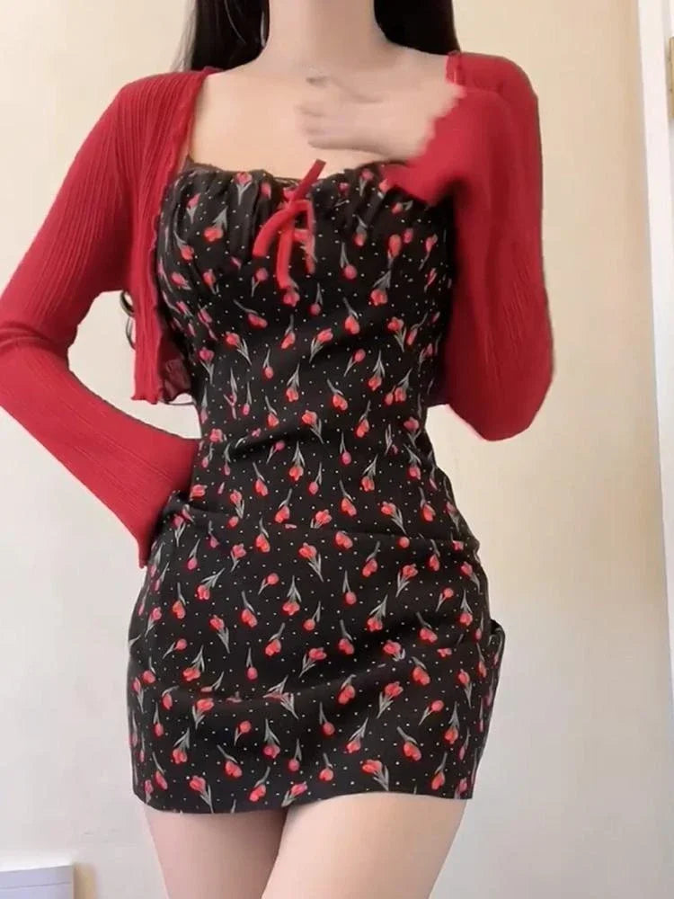 Sweet 2 Piece Dress Set Woman Red Long Sleeve Cardigan + Strap Floral Y2k Mini Dress Party Korean Fashion Suit 2023 Autumn Chic