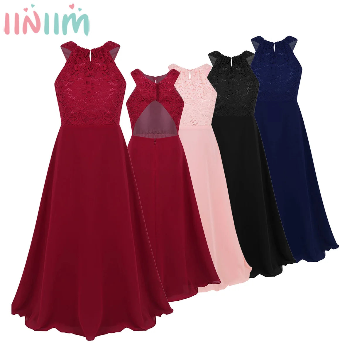 iiniim Kids Girls Vestido de festa Chiffon Dress Floral Lace Cutout Back Flower Girl Dress Elegant Summer Princess Party Dress