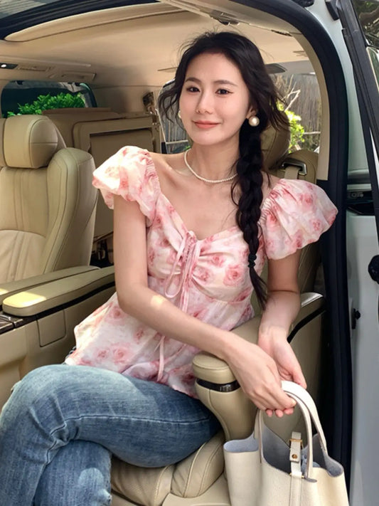 French short shirt, petite and high-end, pink floral bubble sleeved shirt, top, short sleeved women's summer shirt clothes