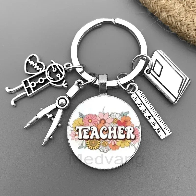 New Thank You Teacher Keychain Gift Thanksgiving Teacher Education Pendant Round Glass Keychain Teacher's Day Jewelry Gift