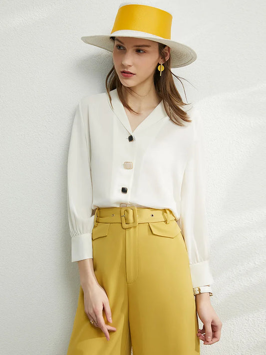 Amii Minimalism Blouse Women Spring Vneck Solid Chiffon Blouse Office Lady Casual Shirts Elegant Blusas Female Tops 12030219 clothes