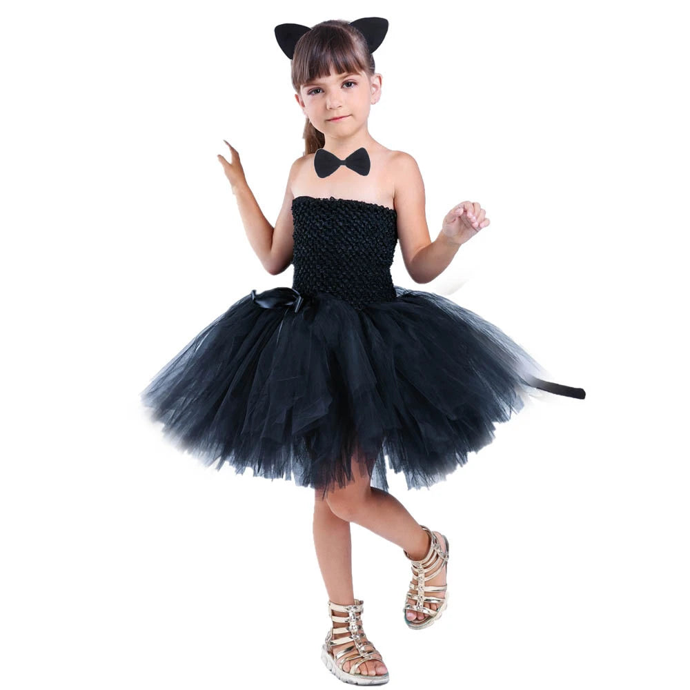 Süße schwarze Katze Tutu Kleid Baby Mädchen Geburtstag Kleider Kleinkind Kinder Halloween Kostüme Kinder Tier Cosplay Outfit Solid Black 